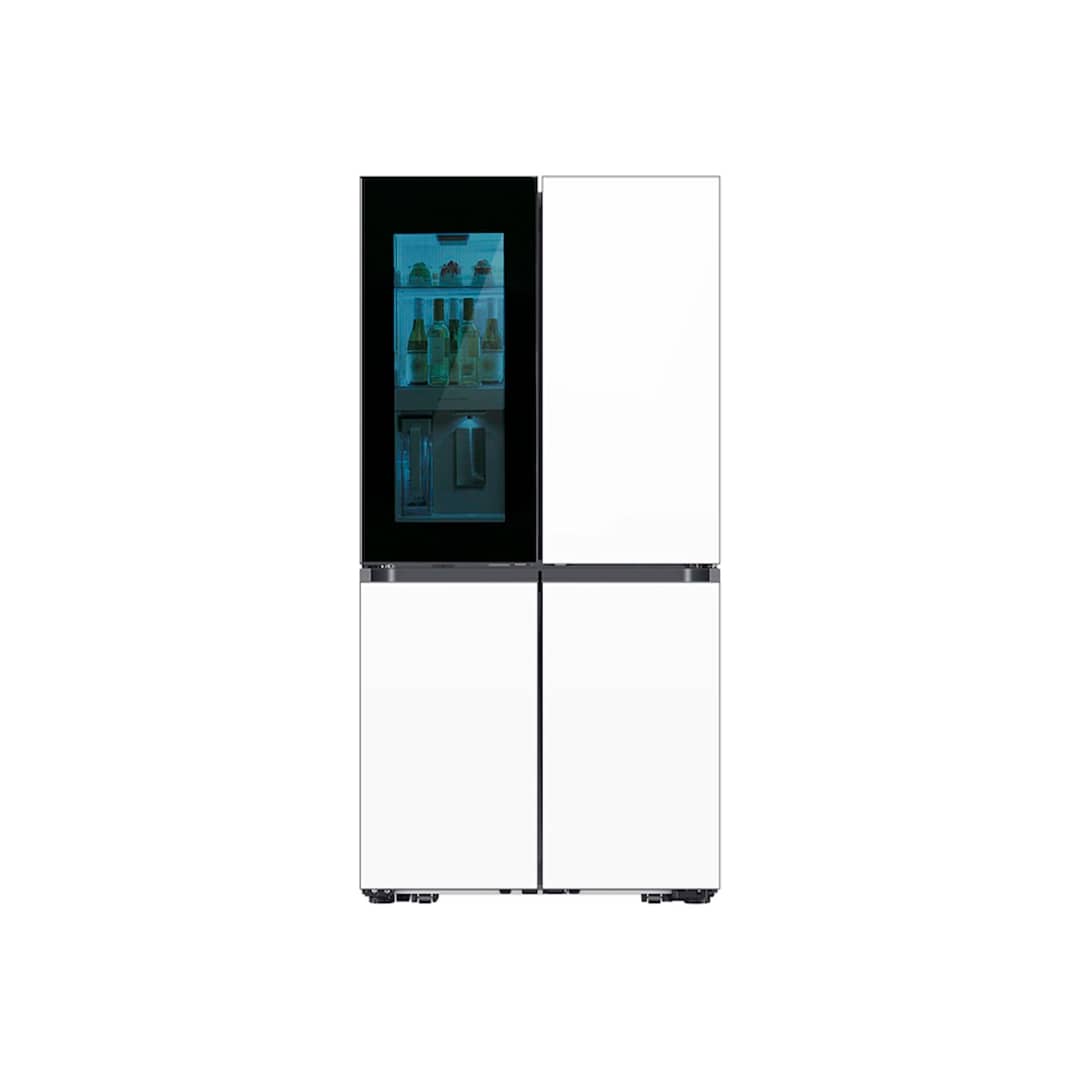 Refrigerador Flex™️ de 4 puertas a medida (29 pies cúbicos) con Beverage Zone™️ y puerta de apertura automática en vidrio blanco Nevera Samsung Flex 4 puertas a medida / 29P / Beverage Zone